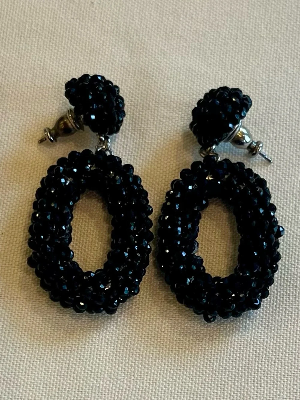 Vintage Black Beaded Hoop Drop Earrings - Women Jewelry - Picture 3 of 16